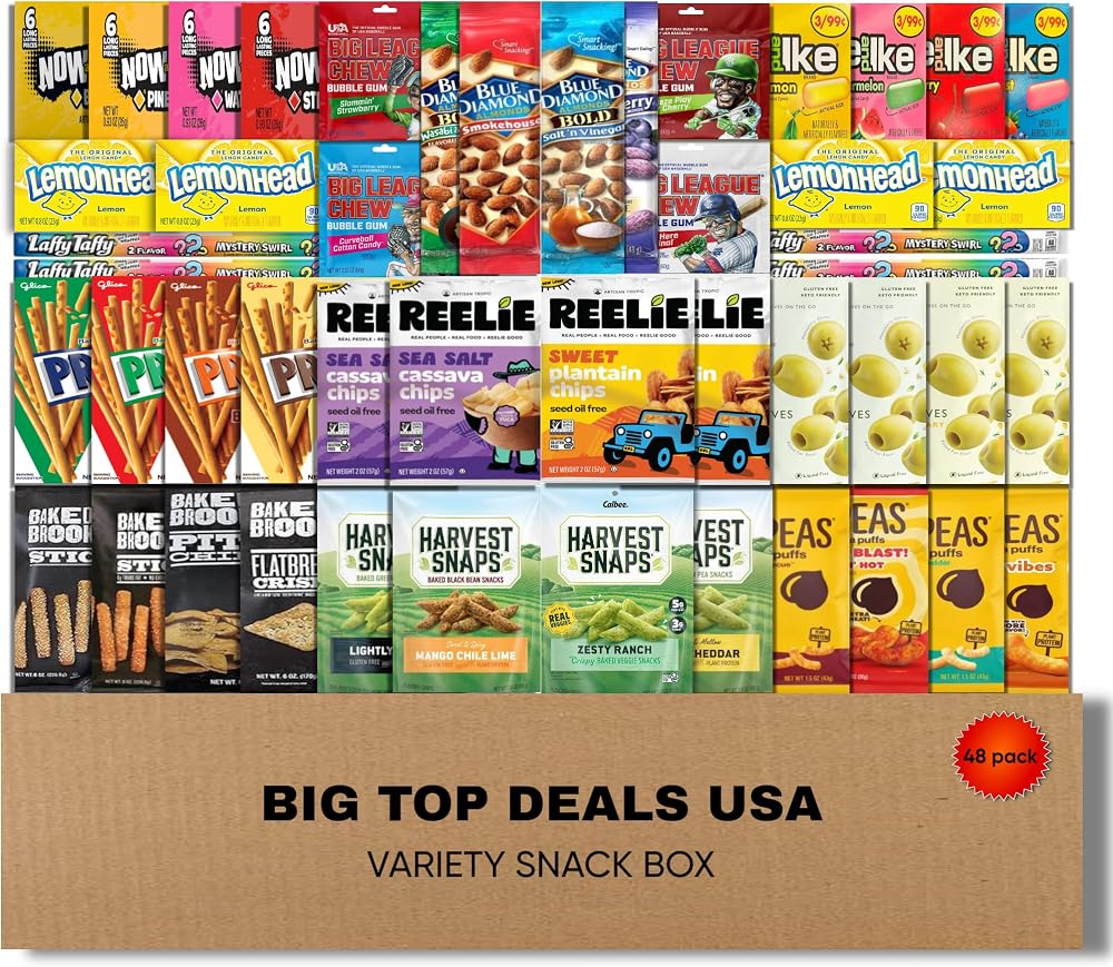 BIG TOP DEALS USA Variety Snack Box, 48 Count Candy, Chips & Snack Assortment Care Package for Parties, Birthdays, Office, College, Military, Holidays & Gift Giving