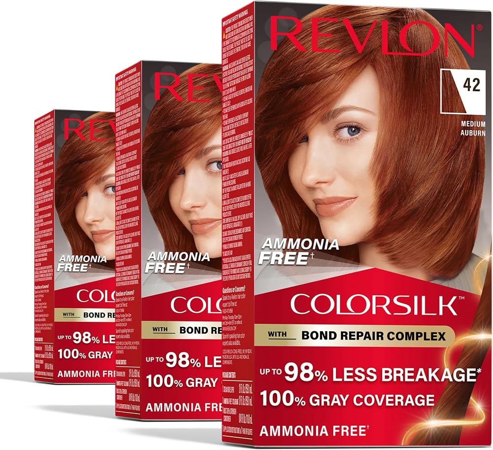Revlon ColorSilk with Bond Repair Hair Color, 42 Medium Auburn, 3pk