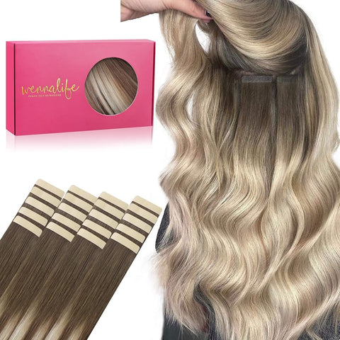 WENNALIFE Tape in Hair Extensions Human Hair, 40pcs 80g 12 inch Ombre Sandy Brown to Platinum Blonde Hair Extensions Real Human Hair Straight Tape in Extensions Invisible Human Hair Extensions