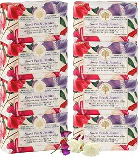 Wavertree & London Sweet Pea & Jasmine Scented Natural Soap (8 Bars), 7oz Moisturizing French Triple Milled Soap Bars enriched with shea butter - Pure Plant Oil Bath & Body Bars for All Skin Types