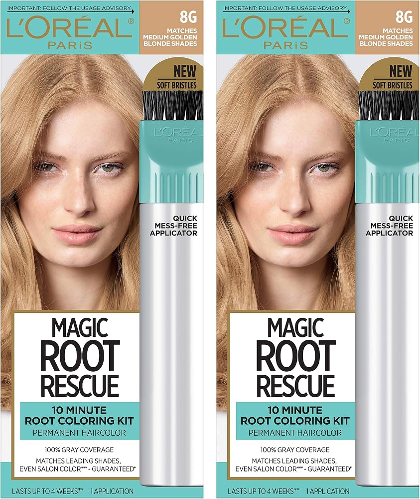 L'Oreal Paris Magic Root Rescue 10 Minute Root Hair Coloring Kit, Permanent Hair Color with Quick Precision Applicator, 100% Gray Coverage, 8G Medium Golden Blonde, 2 count