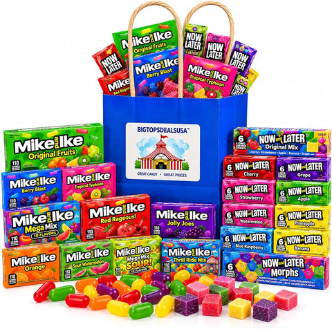BIG TOP DEALS USA Assorted Candy Mix, 24 Count, Mike and Ike + NOW and LATER Chewy Candy, Blue Gift Bag, Party Size Assortment for Sharing, Gifts and Events