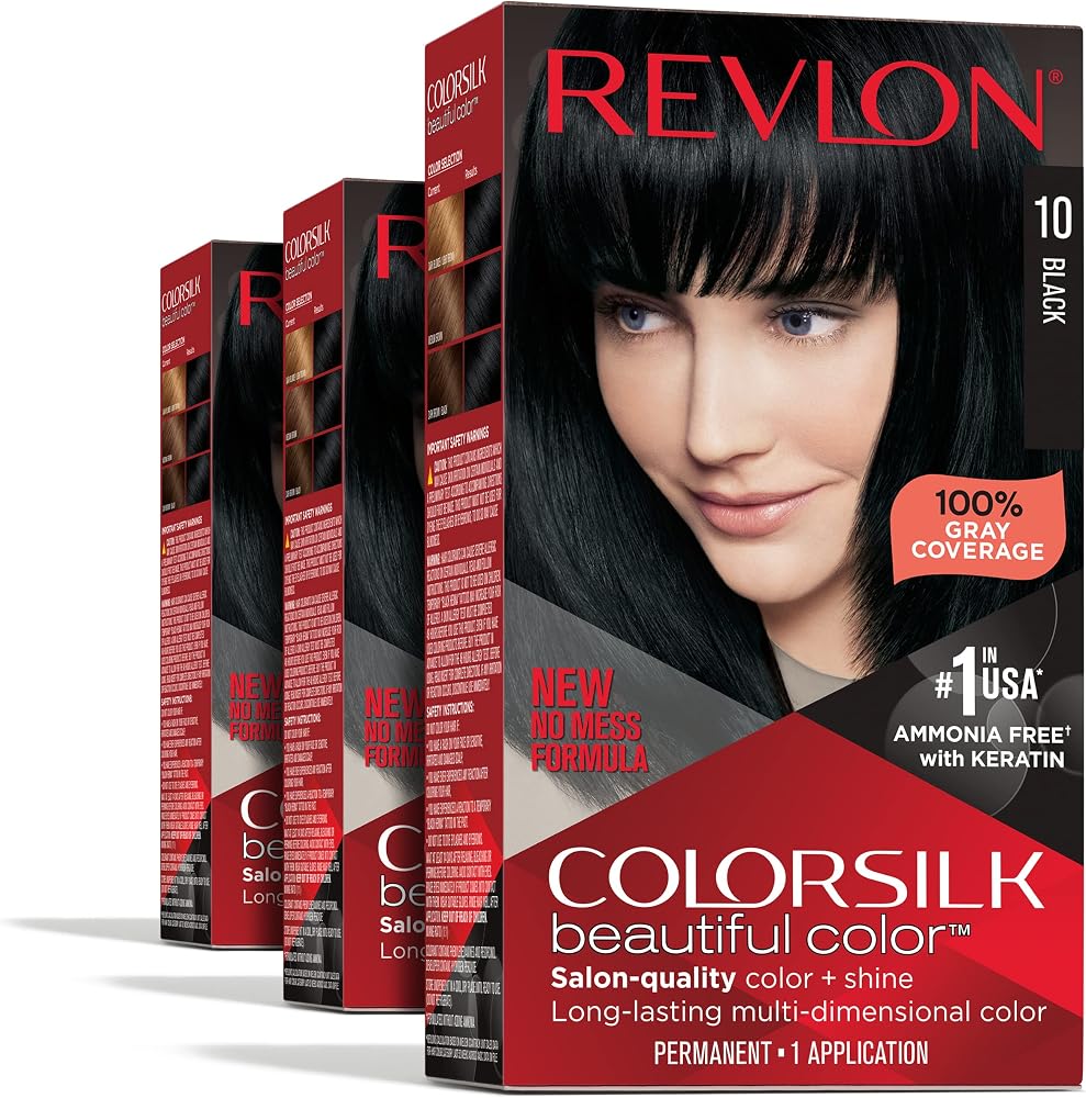 Revlon Permanent Hair Color, Permanent Hair Dye, Colorsilk with 100% Gray Coverage, Ammonia-Free, Keratin and Amino Acids, 10 Black, 4.4 Oz (Pack of 3)