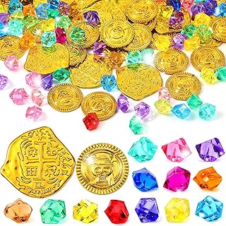 Hanaive 150 Pcs Plastic Pirate Gold Coins Fake Gems Set,Mixing,Gold