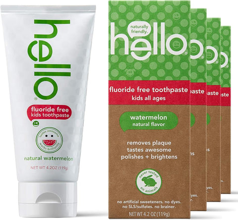 Hello Natural Watermelon Flavor Kids Fluoride Free Toothpaste, Vegan, SLS Free, Gluten Free, Safe to Swallow for Baby and Toddlers, 4.2 Ounce (Pack of 4)