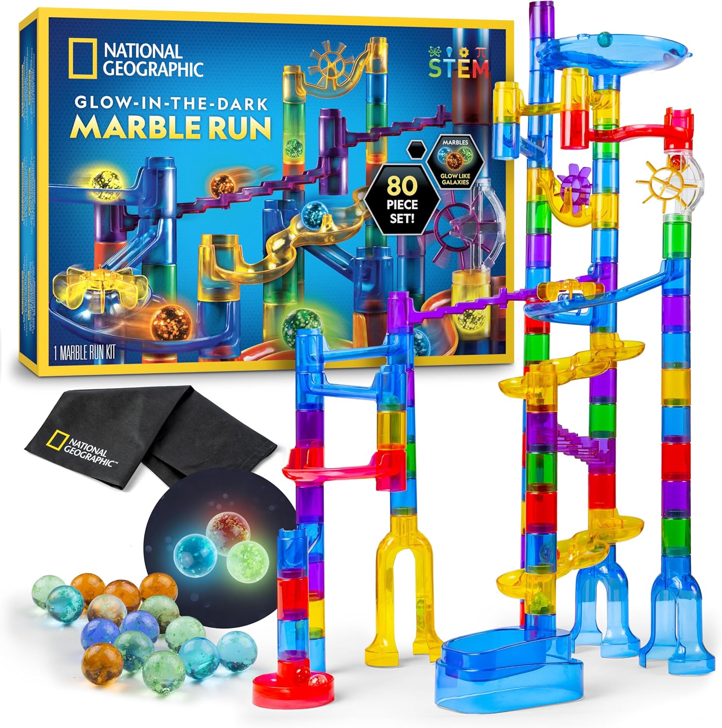 NATIONAL GEOGRAPHIC Glowing Marble Run – Construction Set with 15 Glow in the Dark Glass Marbles & Storage Bag, STEM Gifts for Boys and Girls, Building Project Toy (Amazon Exclusive)