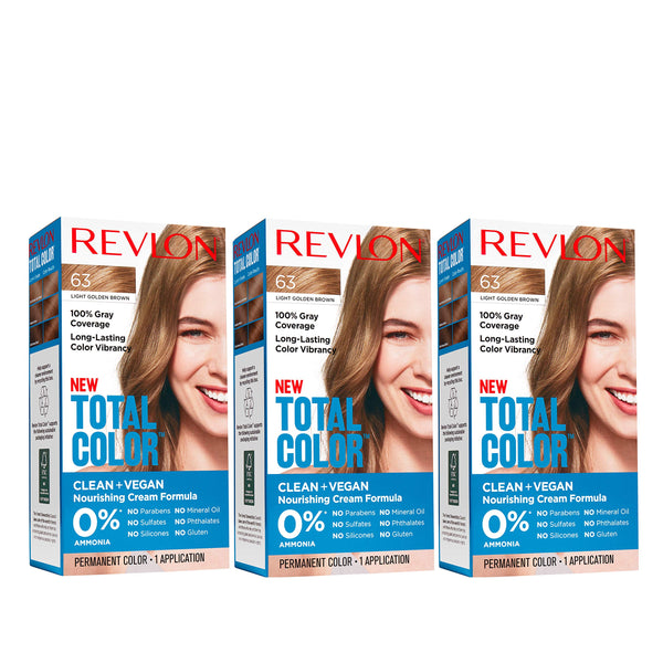 Revlon Permanent Hair Color, Permanent Hair Dye, Total Color with 100% Gray Coverage, Clean & Vegan, 63 Light Golden Brown, 10.2 Oz (Pack of 3)