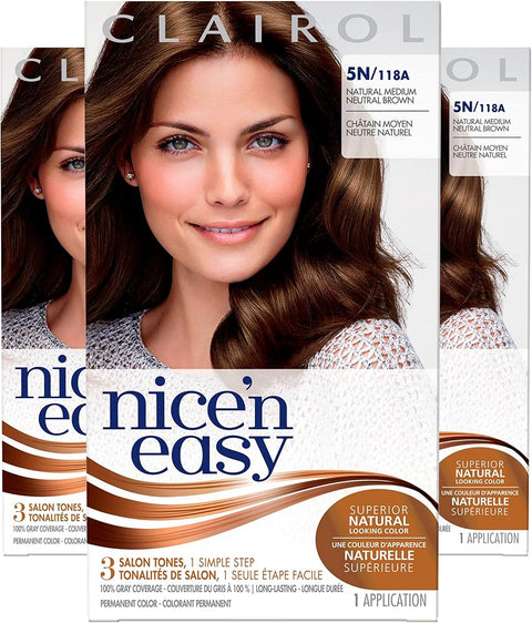 Clairol Nice'n Easy Liquid Permanent Hair Dye, 5N Medium Natural Brown Hair Color, Pack of 3