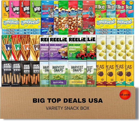 BIG TOP DEALS USA Variety Snack Box, 48 Count Candy, Chips & Snacks Assortment, Individually Wrapped Treats for Parties, Office, School & Care Packages