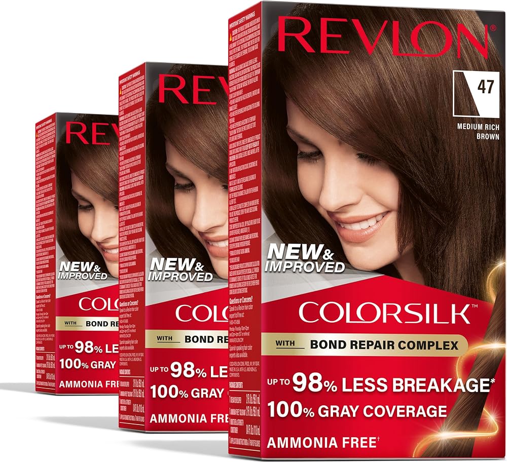 Revlon ColorSilk with Bond Repair Hair Color, 47 Medium Rich Brown, 3pk - Personal Care