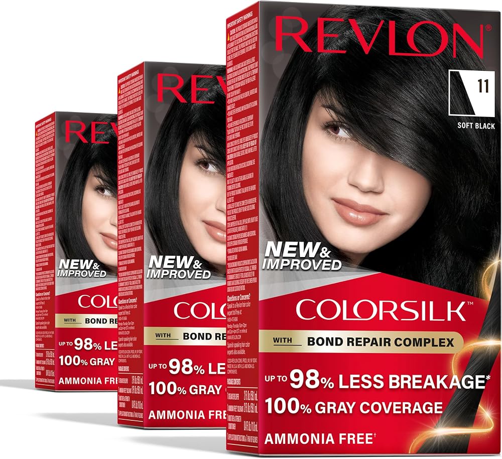 Revlon ColorSilk with Bond Repair Hair Color, 11 Soft Black, 3pk