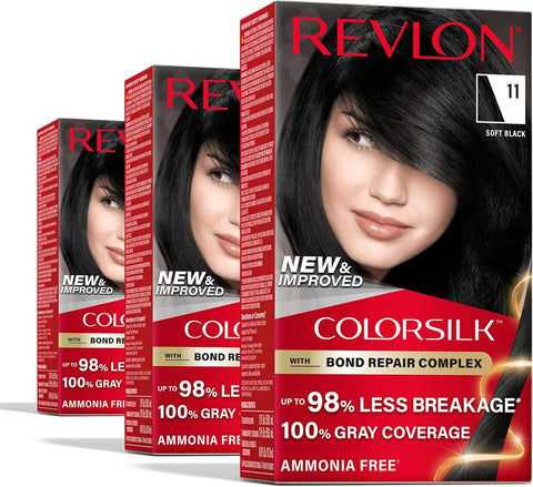 Revlon ColorSilk with Bond Repair Hair Color, 11 Soft Black, 3pk