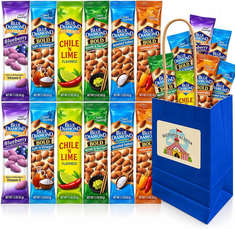 Variety Pack Diamond Almonds 12-Pack – 1.5 Oz Each – Flavored Almond Snacks with Blue Paper Gift Bag – Roasted Nuts for Adults, On-the-Go, Lunchbox, Travel, Office