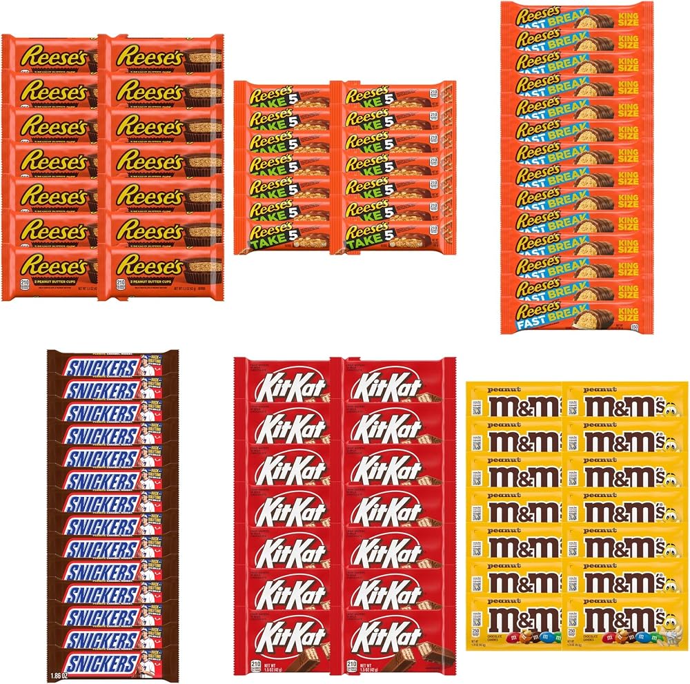 Big TOP DEALS USA 84 Piece Candy Variety Pack with 14 Reese's Cups, 14 Take 5 Bars, 14 Fast Break King Size Bars, 14 Snickers, 14 Kit Kat and 14 M&M's Peanut - Individually Wrapped Gift Bundle