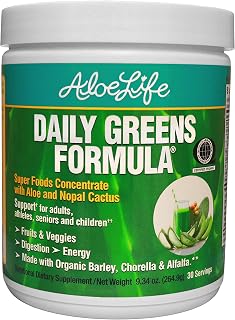 Aloe Life - Daily Greens Powder, QAI Certified Organic Dietary Supplement, Superfood, 21 Fruits, Veggies, & Herbs Including Aloe & Nopal Cactus, Low-Calorie, Keto-Friendly, Gluten-Free (30 Servings)