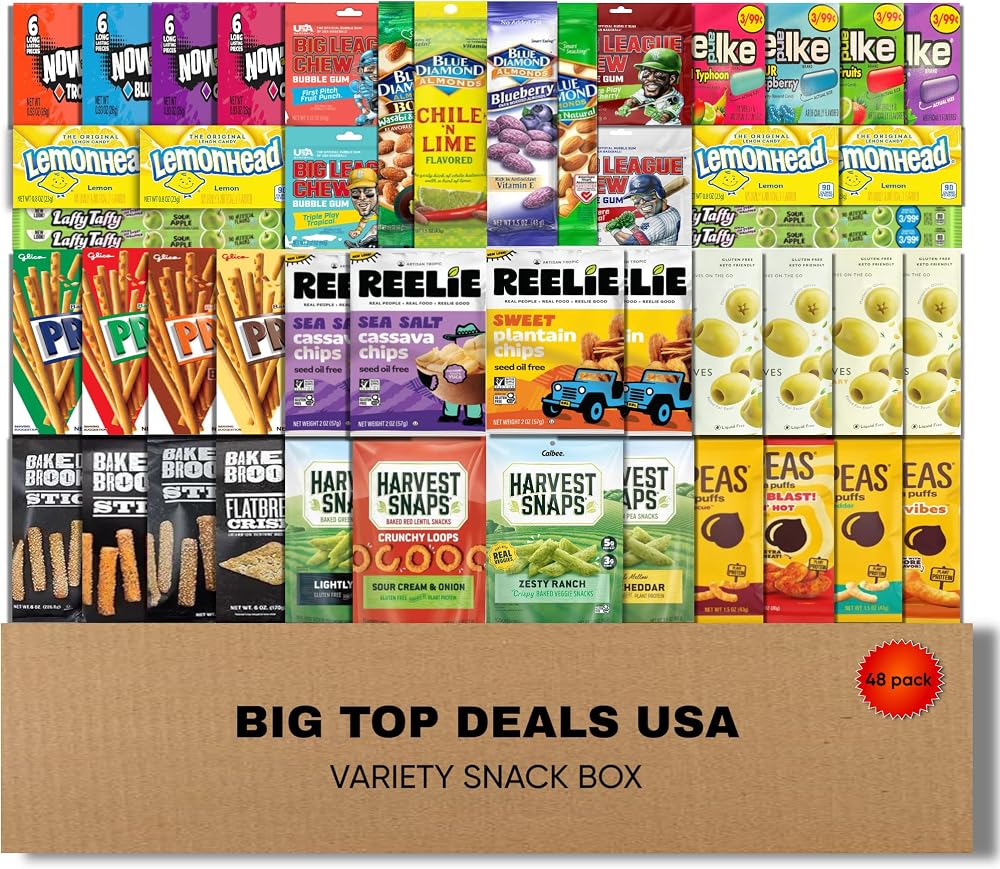 BIG TOP DEALS USA Variety Snack Box 48 Count Candy, Chips & Snack Assortment Care Package for Parties, Office, College, Birthday, Holiday Gift