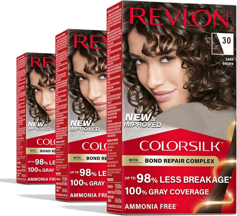 Revlon ColorSilk with Bond Repair Hair Color, 30 Dark Brown, 3pk