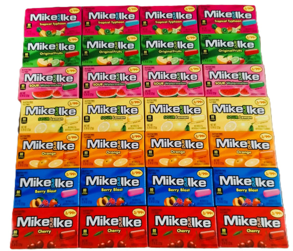 DM Sweets Mike and Ike Assortment - 4 Boxes Each of Original Orange Berry Blast Tropical Typhoon Sour Lemon Cherry Sour Watermelon, Red