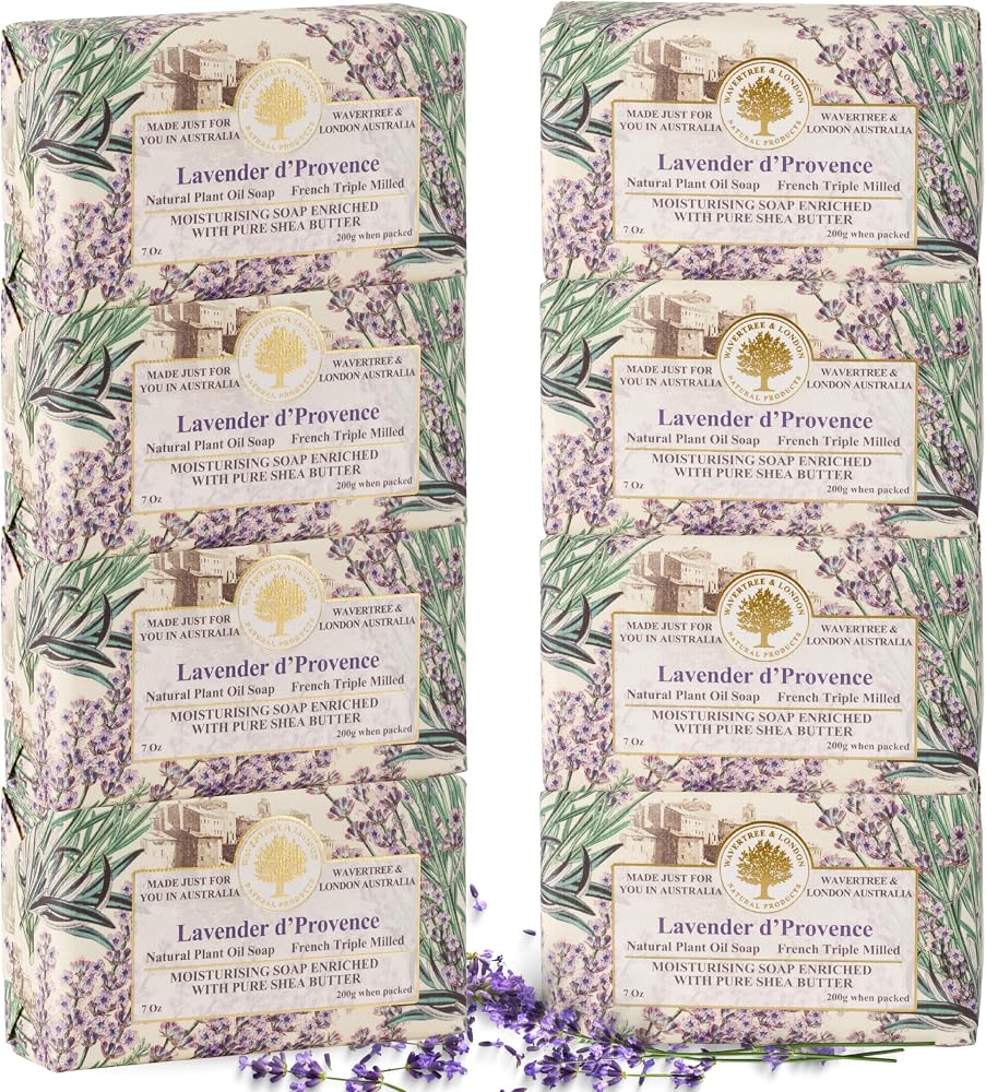 Wavertree & London Lavender D'Provence Scented Natural Soap (8 Bars), 7oz Moisturizing French Triple Milled Soap Bars enriched with shea butter - Pure Plant Oil Bath & Body Bars for All Skin Types