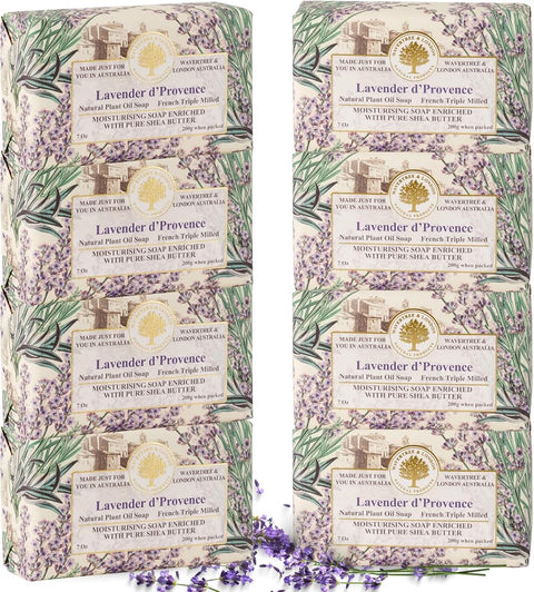 Wavertree & London Lavender D'Provence Scented Natural Soap (8 Bars), 7oz Moisturizing French Triple Milled Soap Bars enriched with shea butter - Pure Plant Oil Bath & Body Bars for All Skin Types