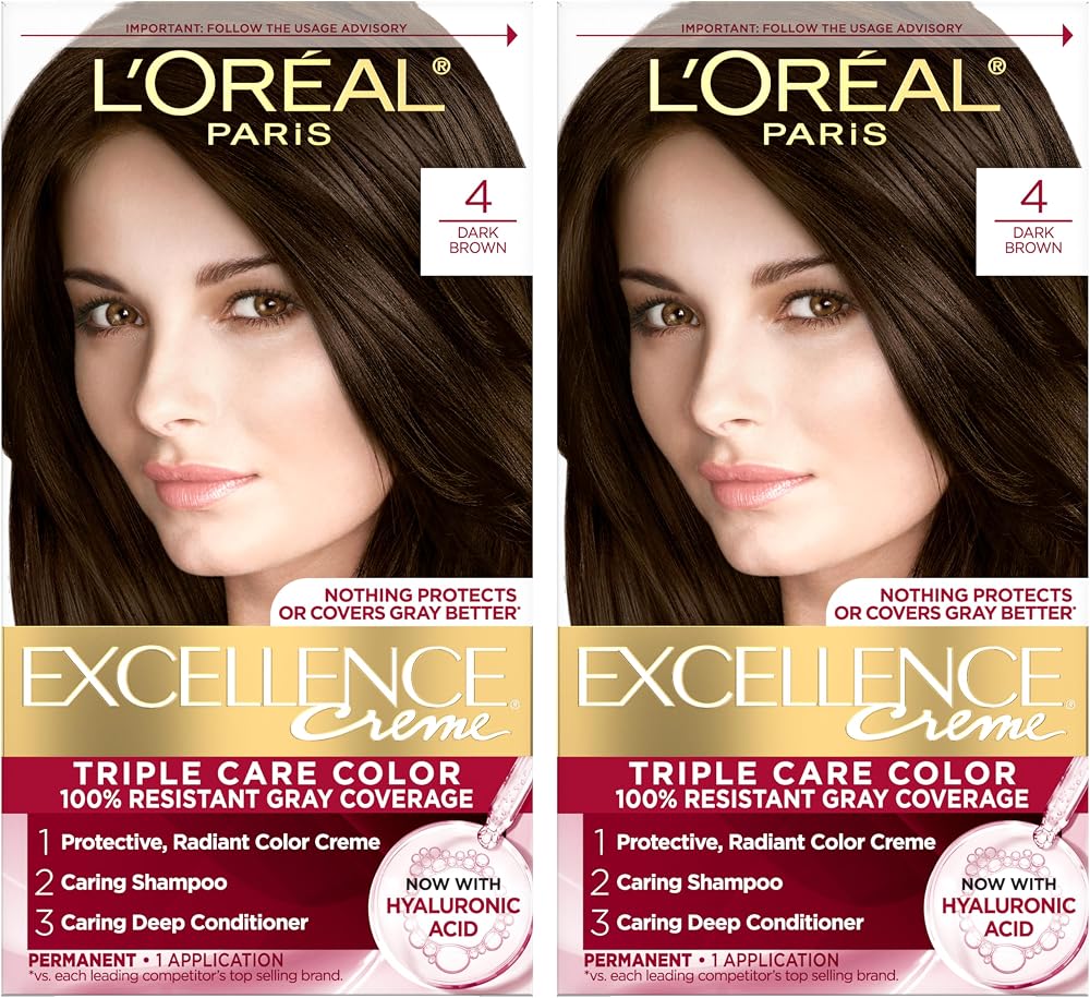 L'Oreal Paris Excellence Crème Permanent Hair Dye, Triple Care Hair Color with Hyaluronic Acid for 100% Gray Coverage, 4 Dark Brown, 1 Kit (Pack of 2) (Packaging May Vary)