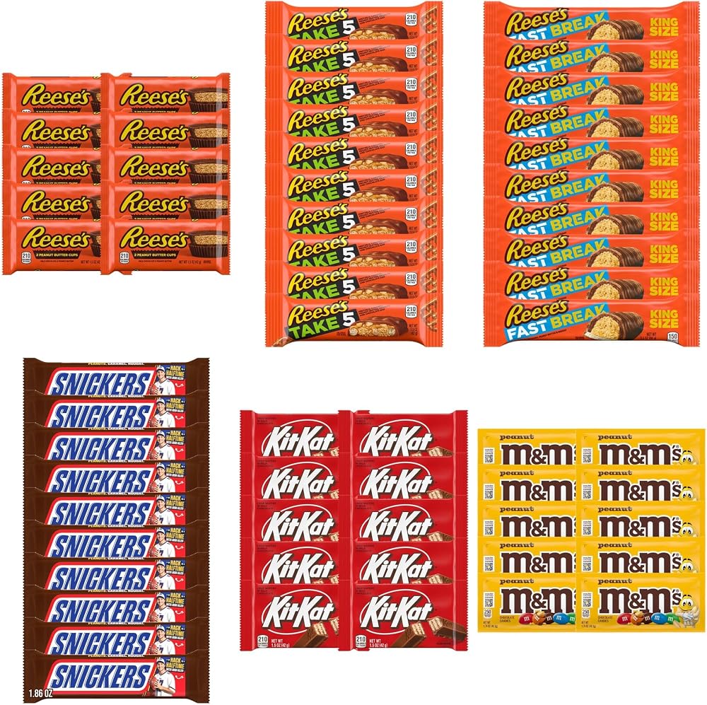 Big TOP DEALS USA 60 Piece Candy Variety Pack with 10 Reese's Cups, 10 Take 5 Bars, 10 Fast Break King Size Bars, 10 Snickers, 10 Kit Kat and 10 M&M's Peanut - Individually Wrapped Gift Bundle