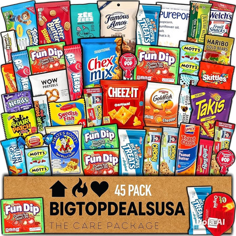 BIGTOPDEALUSA Snack Box Variety Pack Care Package (45 Count) – Summer Treats Gift Basket for Adults, Kids, Grandkids – Cookies, Chips, & Candy for Birthday, Boyfriend, College Student, Office, or School