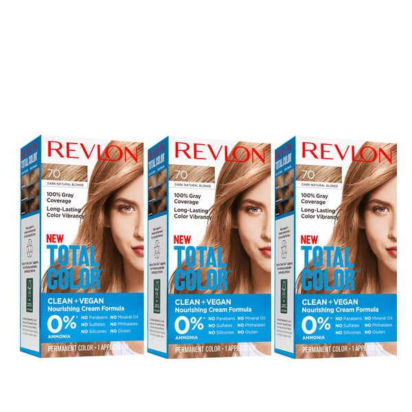 Revlon Total Color Hair Color, Clean and Vegan, 100% Gray Coverage Hair Dye, 3 count, 70 Dark Natural Blonde