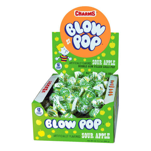Charms Blow Pop Lollipops - Individually Wrapped Dual Candy and Gum Suckers - Peanut Free, Gluten Free - Bulk Treat for Kids and Adults – Sour Apple, 48 Count (Pack of 1)