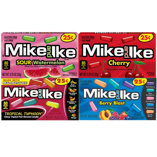 Mike & Ike Chewy Candy Variety Pack | Berry Blast, Tropical, Watermelon, Cherry | 0.78 Ounce (Pack of 24)