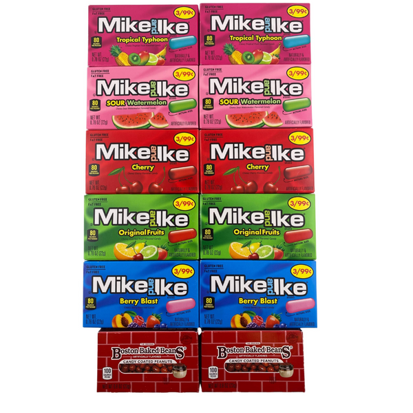 Mike And Ike Candy Bundle Mixed Flavors,12 portion-controlled servings mini boxes, 2 Sour watermelon, 2 Cherry, 2 Original fruits, 2 Tropical typhoon, 2 Berry blast and 2 Boston Baked Beans