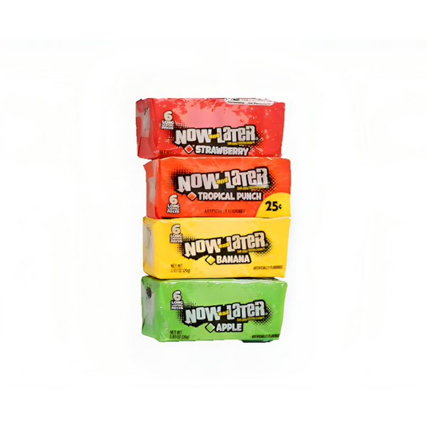 Now & Later Assorted Fruit Candy - 24 pack(6pk Per Flavor) - Tropical Punch, Banana, Apple, Strawberry - Individually Wrapped -96 Pieces