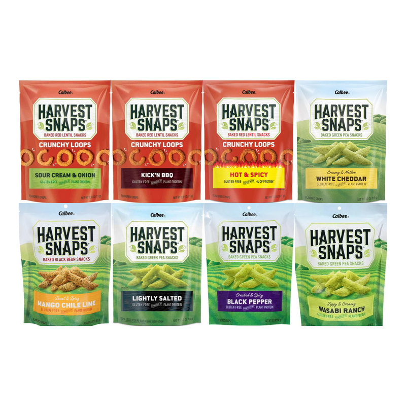 Variety Pack Harvest Snaps Veggie Chips, 8 Flavors, Kick'n BBQ, Sour Cream & Onion, Hot & Spicy, White Cheddar, Mango Chile Lime, Lightly Salted, Black Pepper, Wasabi Ranch, 8 Pack Healthy Snack