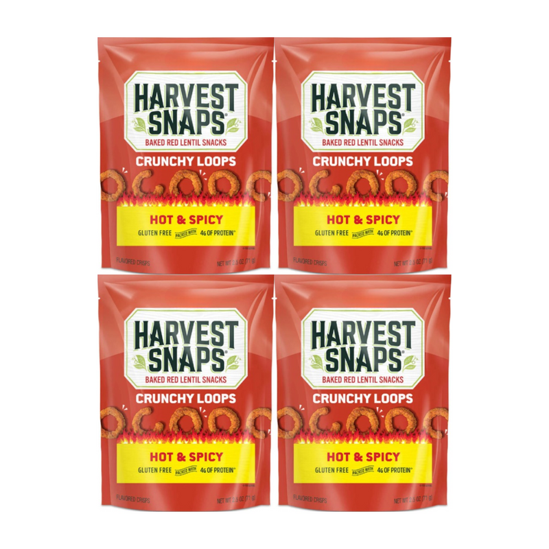 Snack Pack Crunchy Loops Harvest Snaps Veggie Chips Hot & Spicy 4 Pack – Gluten-Free, Plant-Based Protein Snack for Healthy On-the-Go Munching, Perfect for Lunchboxes and Quick Energy Boost