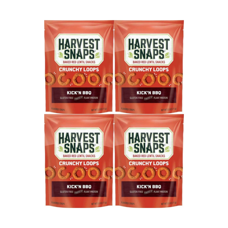 Snack Pack Harvest Snaps Veggie Chips Crunchy Loops - Kick'n BBQ Flavor - Gluten-Free, High Protein, Plant-Based Snack - Perfect for On-the-Go, Lunchboxes, Parties - 4 Individual Packs