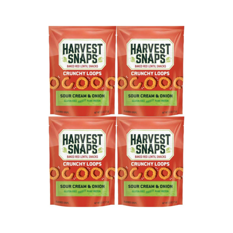 Harvest Snaps Veggie Chips Crunchy Loops 4-Pack, Sour Cream & Onion Flavor, Healthy Snack Pack, Gluten-Free, Protein-Packed, Plant-Based Snacks, Low-Calorie Crunchy Snack for Kids & Adults, 4 Count