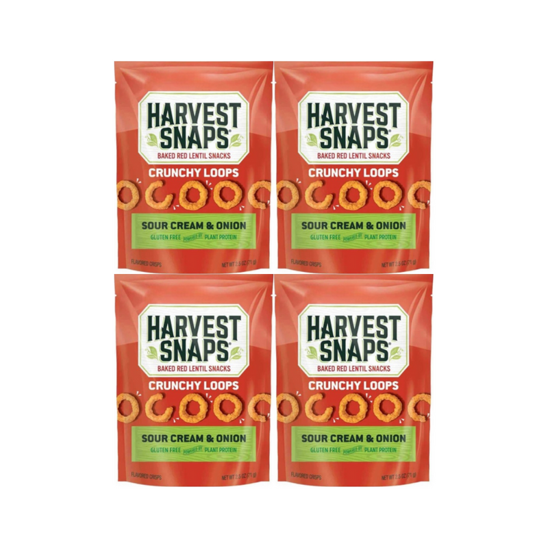Harvest Snaps Veggie Chips Crunchy Loops 4-Pack, Sour Cream & Onion Flavor, Healthy Snack Pack, Gluten-Free, Protein-Packed, Plant-Based Snacks, Low-Calorie Crunchy Snack for Kids & Adults, 4 Count