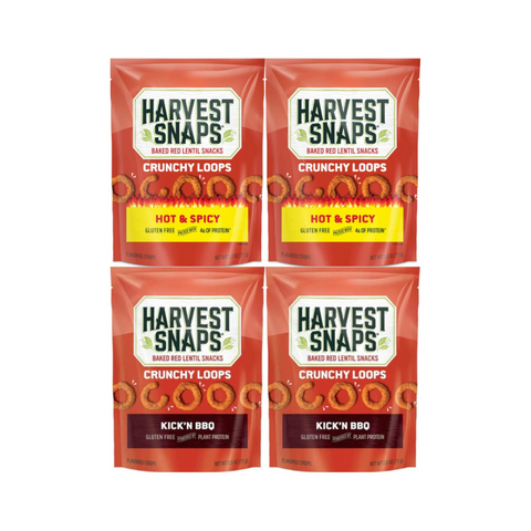Variety Pack Snaps Veggie Chips - Baked Red Lentil Snacks, 2 Hot & Spicy & 2 Kick'n BBQ Flavors, Healthy Gluten-Free Snack, Crunchy, Protein-Rich, Low Calorie, 4-Pack, Perfect for Guilt-Free Snacking