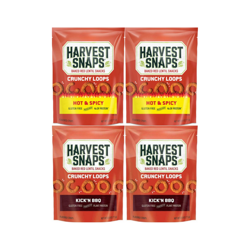 Variety Pack Snaps Veggie Chips - Baked Red Lentil Snacks, 2 Hot & Spicy & 2 Kick'n BBQ Flavors, Healthy Gluten-Free Snack, Crunchy, Protein-Rich, Low Calorie, 4-Pack, Perfect for Guilt-Free Snacking