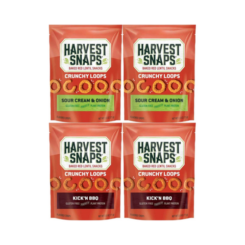 Variety Pack Harvest Snaps Veggie Chips Baked Red Lentil Snacks 2 Sour Cream & Onion and 2 Kick'n BBQ Flavors Healthy Gluten-Free Snack 4 Pack Family Size Crunchy Delicious High-Protein