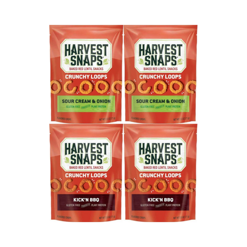 Variety Pack Harvest Snaps Veggie Chips Baked Red Lentil Snacks 2 Sour Cream & Onion and 2 Kick'n BBQ Flavors Healthy Gluten-Free Snack 4 Pack Family Size Crunchy Delicious High-Protein