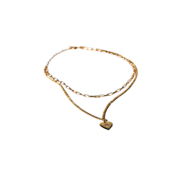 Charming Charlie 2-layered Gold Plated Chain Link Antique Necklace With Heart Pendant Featuring A Moissanite Center - Women's Layering Jewelry And Stackable Necklace.