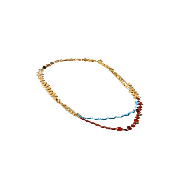 Charming Charlie 2-Layered Gold-Plated Beaded Chain Necklace - Blue Diamond Shape and Orange Circle Charms - Women's Radiant Layered Necklace for Distinctive Elegance.