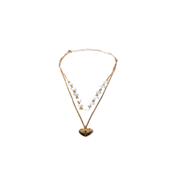 Charming Charlie 2-Layered Gold-Plated Necklace with Beaded Chain and Curb Chain, Adorned with Antique Heart Pendant - Women's Layered Necklace for Timeless Elegance.