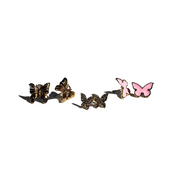 Charming Charlie 3 Pairs of Gold-Plated Butterfly Stud Earrings Set - Flutter in Elegance with Diverse Butterfly Designs. Add Radiance to Your Look.