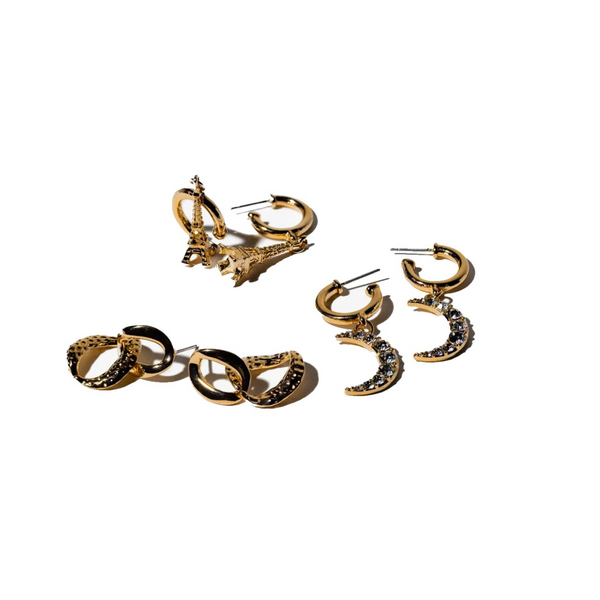 Charming Charlie 3 Pairs of Gold-Plated Earrings - Elevate Your Style with Eiffel Tower, Half Moon C-Hoops, and Chunky Studs. Discover Versatile Elegance for Women.