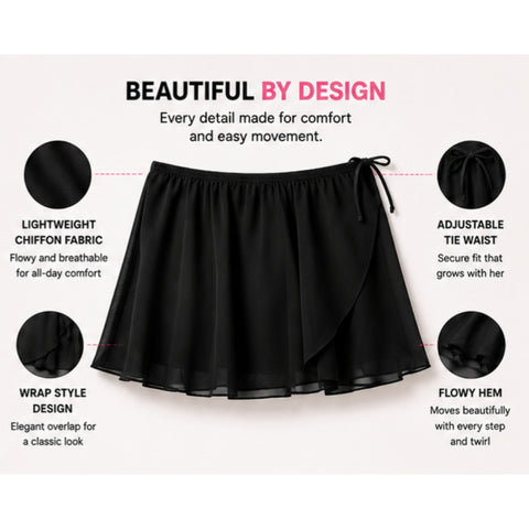Moret Kids Girls' Ballet and Dance Chiffon Wrap Skirt - Lightweight Pull-On Practice Recital Tutu Skirt Activewear for Toddler and Little Kids, Black, Small