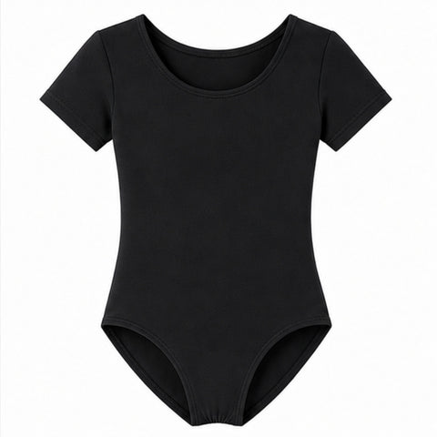 Moret Kids Girls' Ballet and Dance Short Sleeve Leotard - Classic Cotton Stretch Studio Practice Outfit for Gymnastics Recitals and Performance, Black, Large