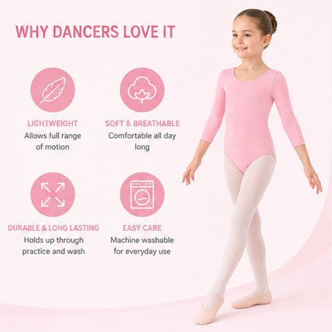 Moret Kids Girls' Ballet and Dance 3-Pack 3/4 Sleeve Leotard - Classic Cotton Stretch Studio Practice Outfit for Gymnastics Recitals Winter and Performance, Pink, Large
