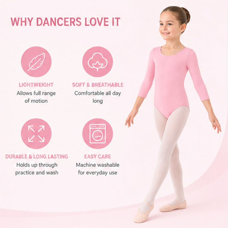 Moret Kids Girls' Ballet and Dance 3-Pack 3/4 Sleeve Leotard - Classic Cotton Stretch Studio Practice Outfit for Gymnastics Recitals Winter and Performance, Pink, Large